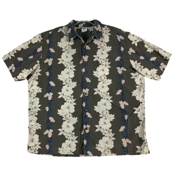 Old Navy Mens Size Large Hawaiian Button Up Shirt Tropical Gray Floral Beach - Picture 1 of 9